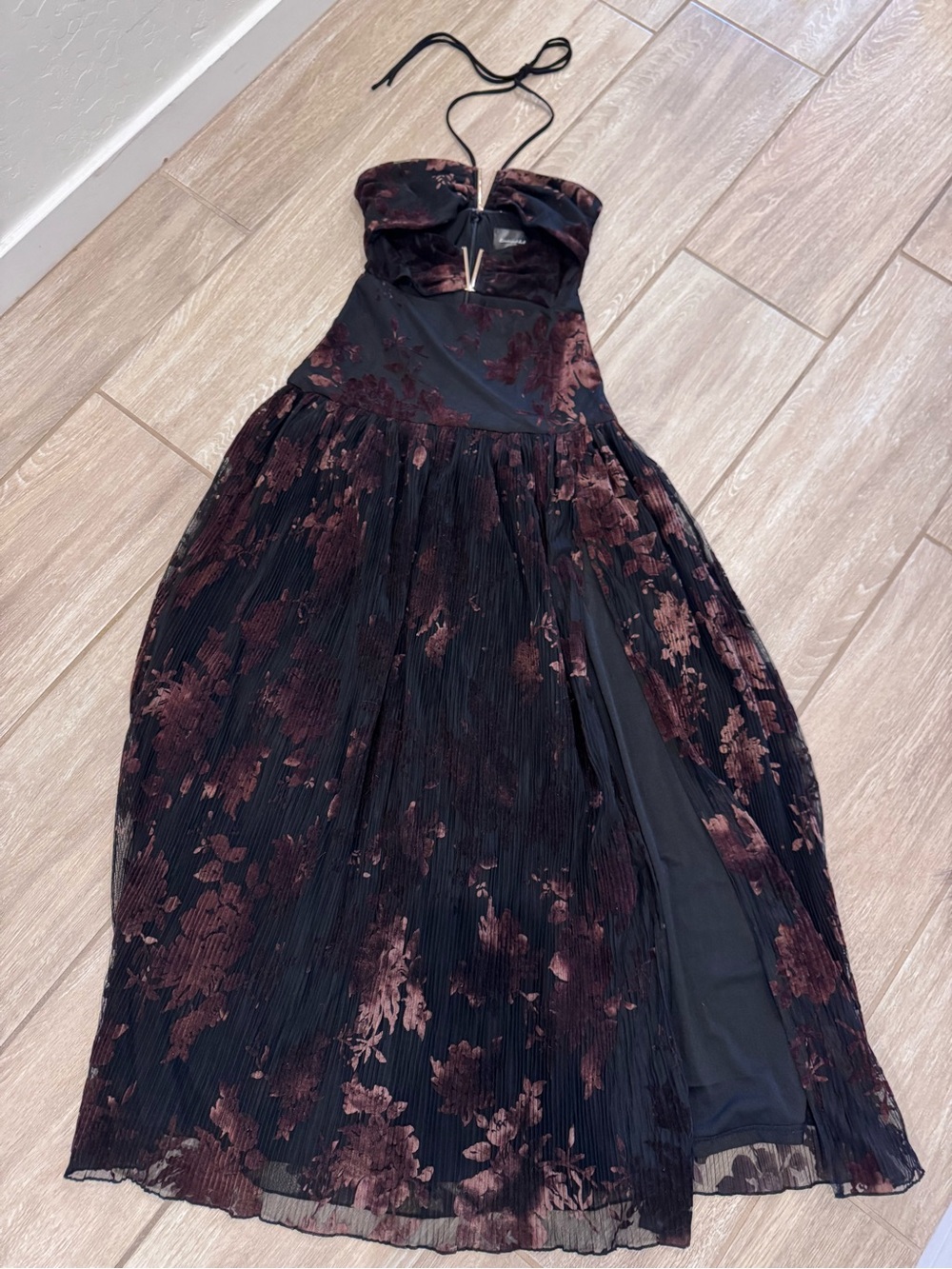Line & Dot Strapless Black Dress with Burgundy Floral Burnout